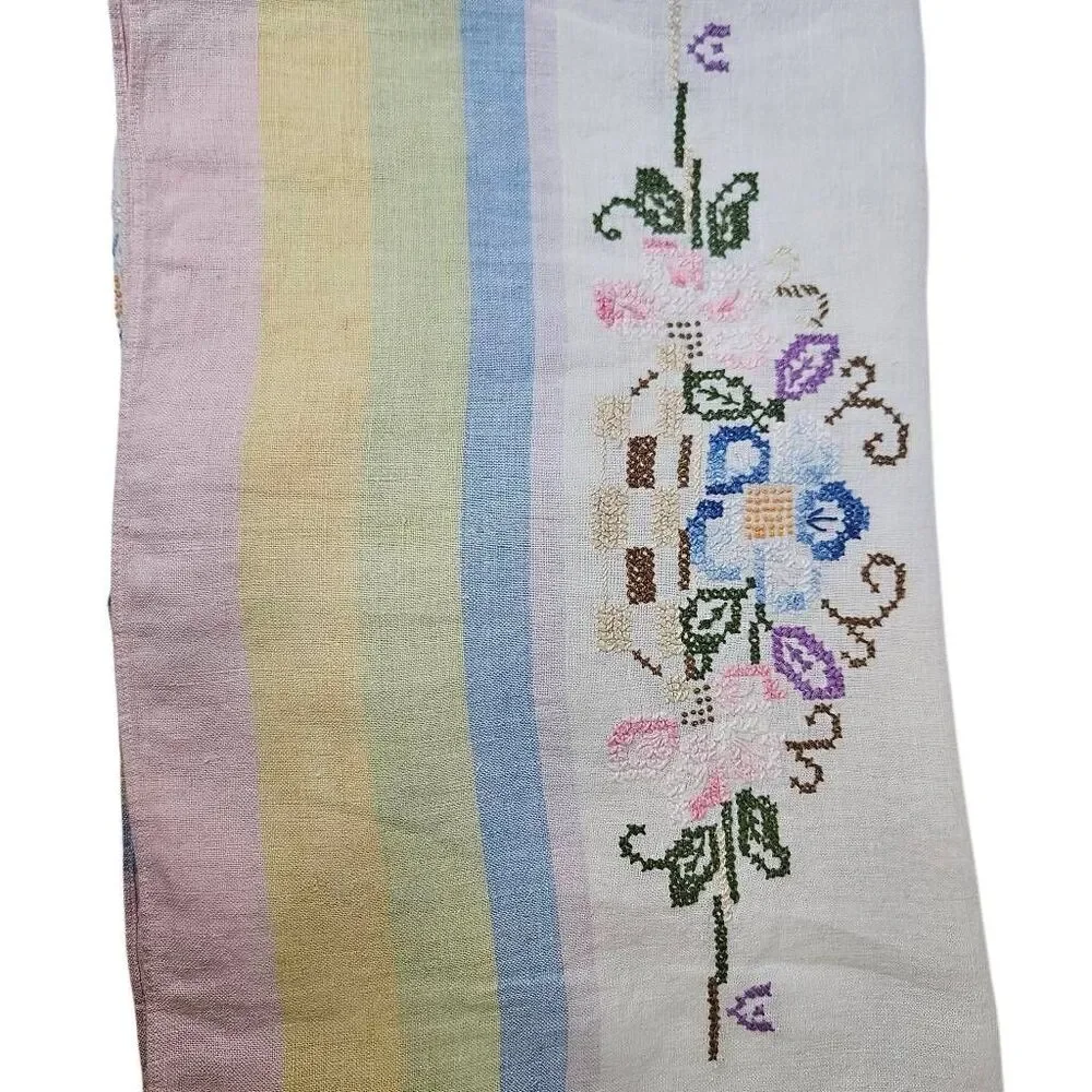 Vintage table cloth with intricate hand cross- stitch floral embroidery . 50